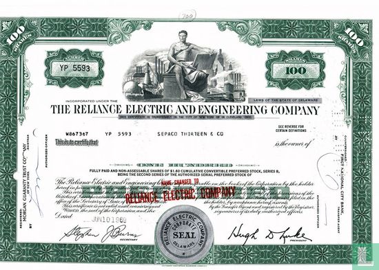 The Reliance Electric and Engineering Company, Certificate for 100 shares, Cumulative convertible preferred stock, series B