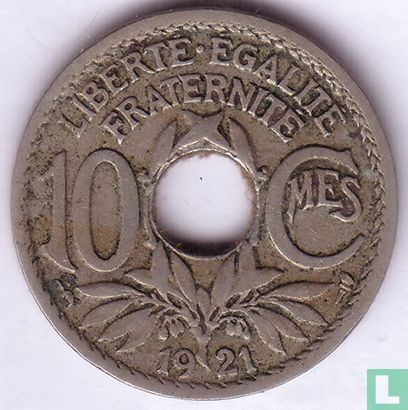 France 10 centimes 1921 (type 2 - grand trou) - Image 1
