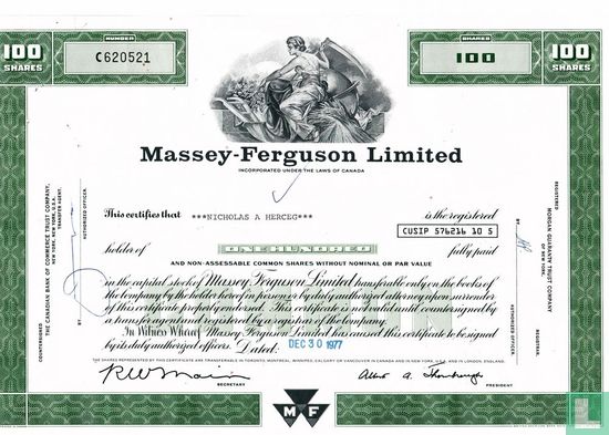Massey-Ferguson Limited, Certificate for 100 shares, Capital stock