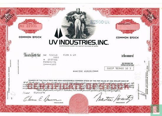 UV Industries, Inc., Certificate for more than 100 shares, Common stock
