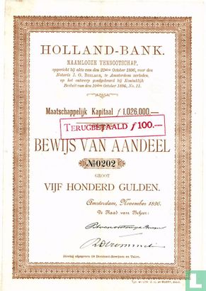 Holland-Bank, Bewijs van aandeel, 400 Gulden