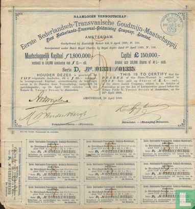 Eerste Nederlandsch-Transvaalsche Goudmijn-Maatschappij, Certificaat van 5 aandelen, elk 12,= Gulden