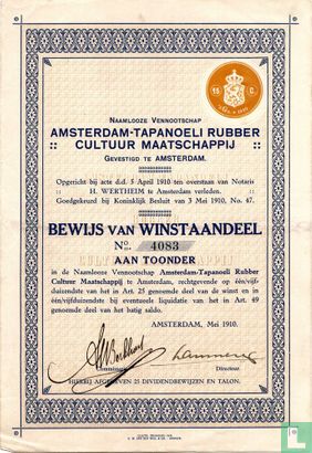 Amsterdam-Tanapoeli Rubber Cultuur Maatschappij, Bewijs van winstaandeel, 