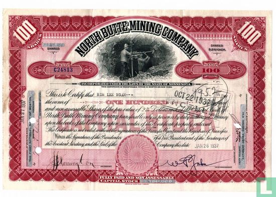North Butte Mining Company, Certificate for 100 shares, Capital stock