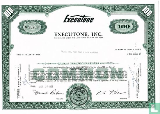 Executone, Inc., Certificate for 100 shares, Common stock