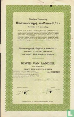 Handelmaatschappij "Van Rossum & Co." N.V., Bewijs van aandeel aan toonder, 1.000,= Gulden