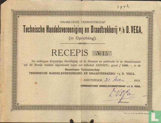 Technische Handelsvereeniging en Draadtrekkerij v/h D. Vega, Recepis voor aandeel 1.000,=