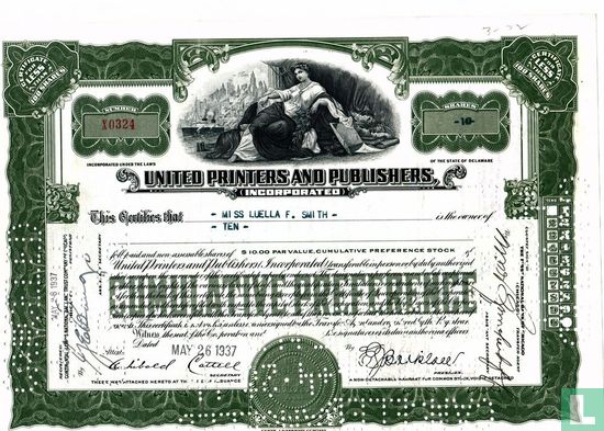 United Printers and Publishers, Incorporated, Certificate for less than 100 shares, Cumulative preference stock - Bild 1