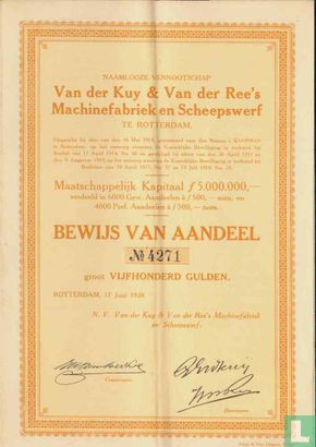 Van der Kuy & Van der Ree's Machinefabriek, Bewijs van aandeel, 500,= Gulden