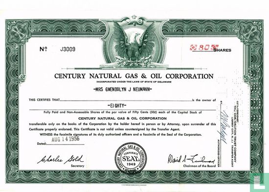 Century Natural Gas & Oil Corporation, Odd share certificate, Capital stock