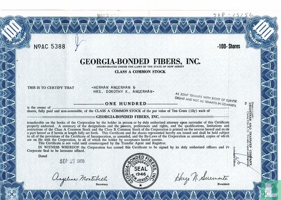 Georgia-Bonded Fibers, Inc., Certificate for 100 shares, Class A common stock