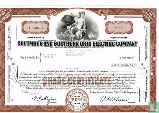 Columbus and Southern Ohio Electric Company, Certificate for less than 100 shares, Common stock