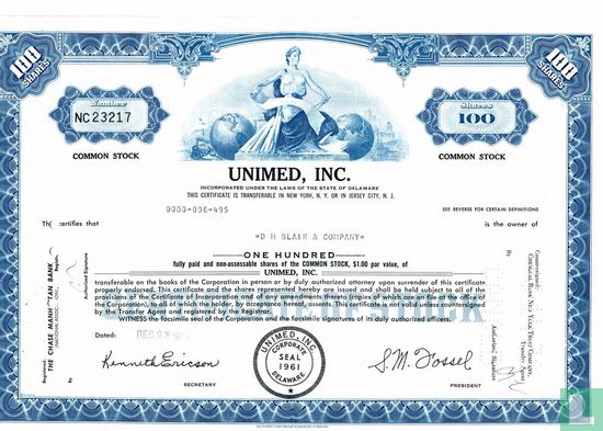 Unimed, Inc., Certificate for 100 shares, Common stock