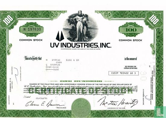 UV Industries, Certificate for 100 shares, Common stock