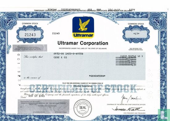 Ultramar Corporation, Odd share certificate, Common stock, Temporary certificate