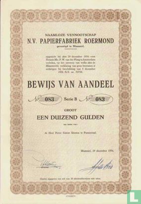 N.V. Papierfabriek Roermond, Bewijs van aandeel 1.000,= Gulden