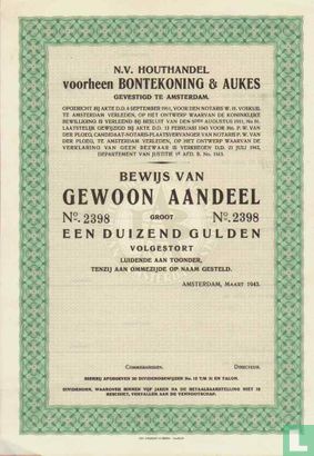 N.V. Houthandel voorheen Bontekoning & Aukes, Bewijs van gewoon aandeel, 1.000,= Gulden, blankette
