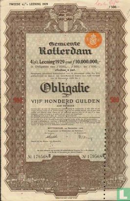 Gemeente Rotterdam, 4 1/2 % Leening 1929, Obligatie 500 Gulden