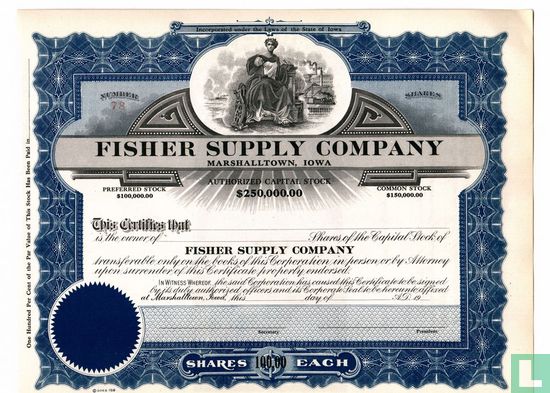 Fisher Supply Company, Odd share certificate, Capital stock, blankette