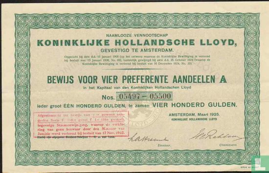 Koninklijke Hollandsche Lloyd, Bewijs voor vier preferente aandeelen A, 100,= gulden