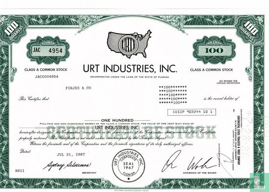 URT Industries, Inc., Certificate for 100 shares, Class A common stock