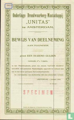 Onderlinge Brandwaarborg-Maatschappij "Unitas", Bewijs van deelneming aan toonder, 1.000,= Gulden, Specimen blankette