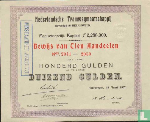 Nederlandsche Tramwegmaatschappij, Bewijs van tien aandeelen, 100,= Gulden