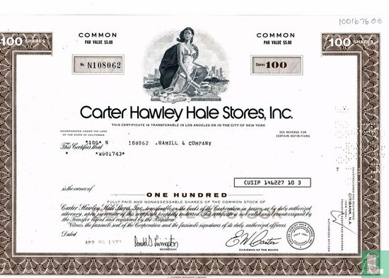 Carter Hawley Hale Stores, Certificate for 100 shares, Common stock