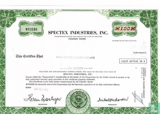 Spectex Industries, Inc., Odd share certificate, Common stock