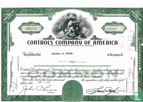 Controls Company of America, Certificate for less than 100 shares, Common stock