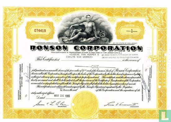 Ronson Corporation, Odd share certificate, Common stock