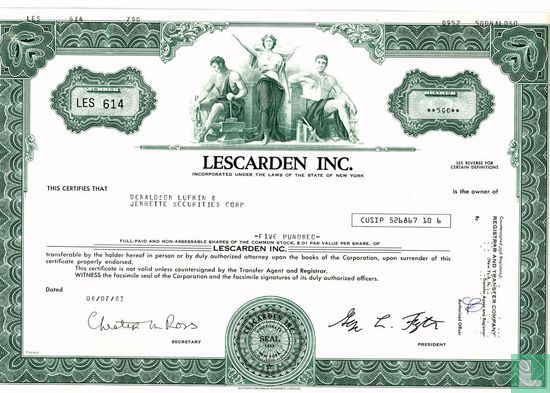 Lescarden, Inc., Odd share certificate, Common stock