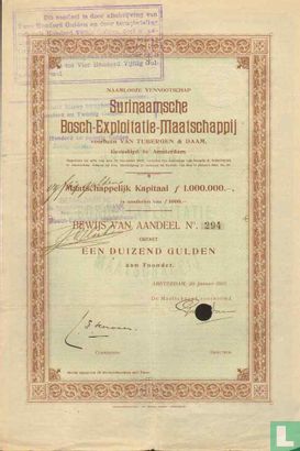 Surinaamsche Bosch-Exploitatie-Maatschappij, Bewijs van aandeel, 1.000,= Gulden