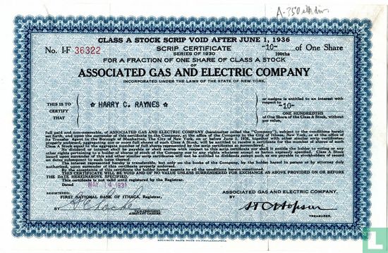 Associated Gas and Electric Company, Fractional Class A Stock scrip certificate, 