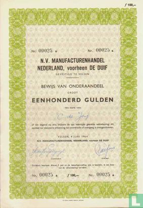 N.V. Manufacturenhandel Nederland, voorheen De Duif, Bewijs van onderaandeel, 100,= Gulden