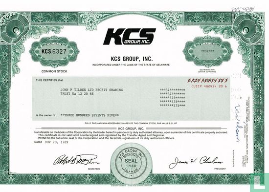 KCS Group, Inc., Odd share certificate, Common stock, $ 0,01
