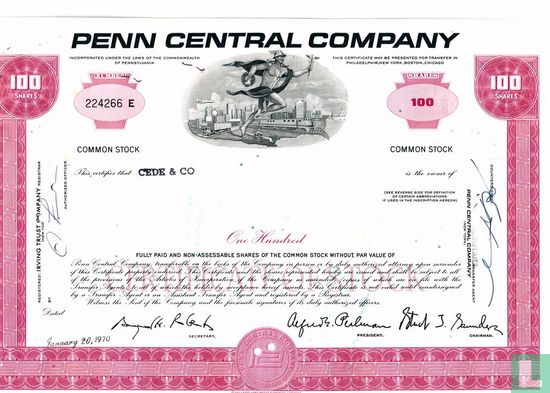 Penn Central Company, Certificate for 100 shares, Common stock, w/o par value