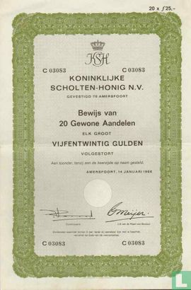 Koninklijke Scholten-Honig N.V., Bewijs van 20 gewone aandelen, elk groot 25 gulden
