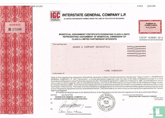 Interstate General Company L.P., Odd share certificate, Class A units, limited partnership
