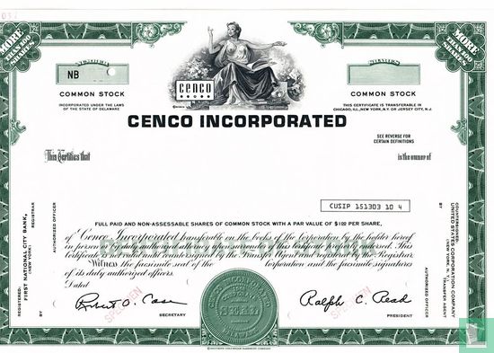 Cenco Incorporated, Certificate for more than 100 shares, Common stock, $ 1,=
