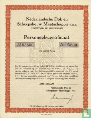Nederlandsche Dok en Scheepsbouw Maatschappij V.O.F., Personeelscertificaat, blankette