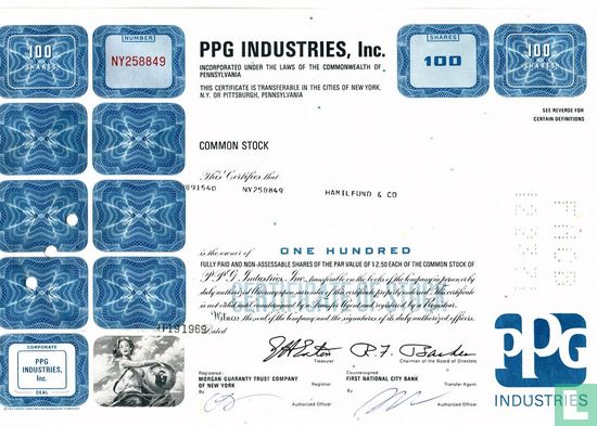 PPG Industries, Inc., Certificate for 100 shares, Common stock, $ 2,50
