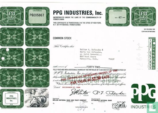 PPG Industries, Inc., Certificate for less than 100 shares, Common stock, $ 5,= (afgestempeld naar $ 2,50)