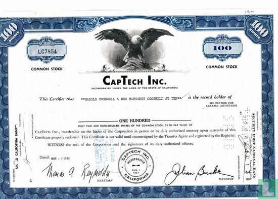 CapTech Inc., Certificate for 100 shares, common stock