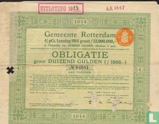 Gemeente Rotterdam, 4 1/2 Pct Leening 1914, Obligatie 1.000,= Gulden