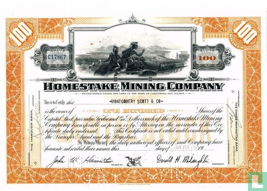 Homestake Mining Company, Certificate for 100 shares, Capital stock, $ 12,50