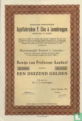 Sajetfabrieken P. Clos & Leembruggen, Bewijs van preferent aandeel, 1.000,= Gulden