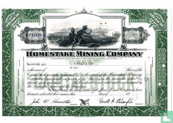 Homestake Mining Company, Certificate for less than 100 shares, Capital stock, $ 12,50