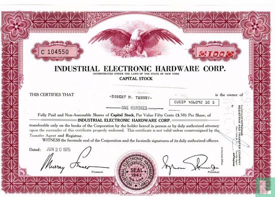 Industrial Electronic Hardware Corp., Odd share certificate, Capital stock, $ 0,50