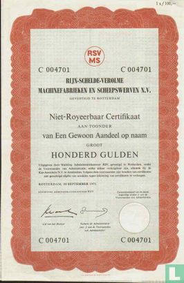 Rijn-Schelde-Verolme Machinefabrieken en Scheepswerven N.V., Niet-royeerbaar Certifikaat aan toonder van Een gewoon Aandeel op naam, 100,= Gulden